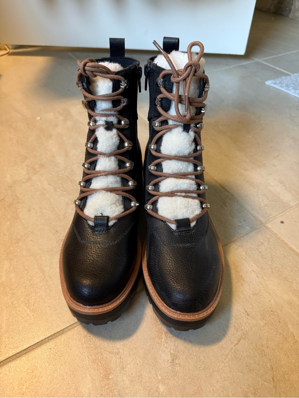 Indigo Black Leather Lace-Up Boots with White Shearling